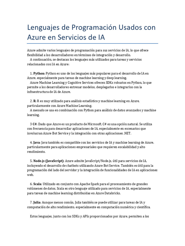 Lenguajes de Programación Usados en Azure IA | PDF