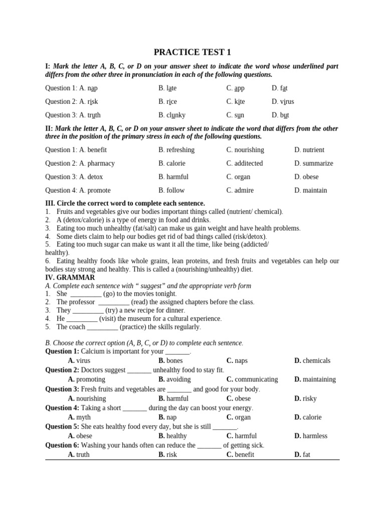 Practice Test on Vocabulary and Grammar | PDF | Adolescence | Dieting