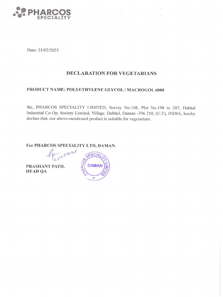 Declaration For Vegetariance | PDF