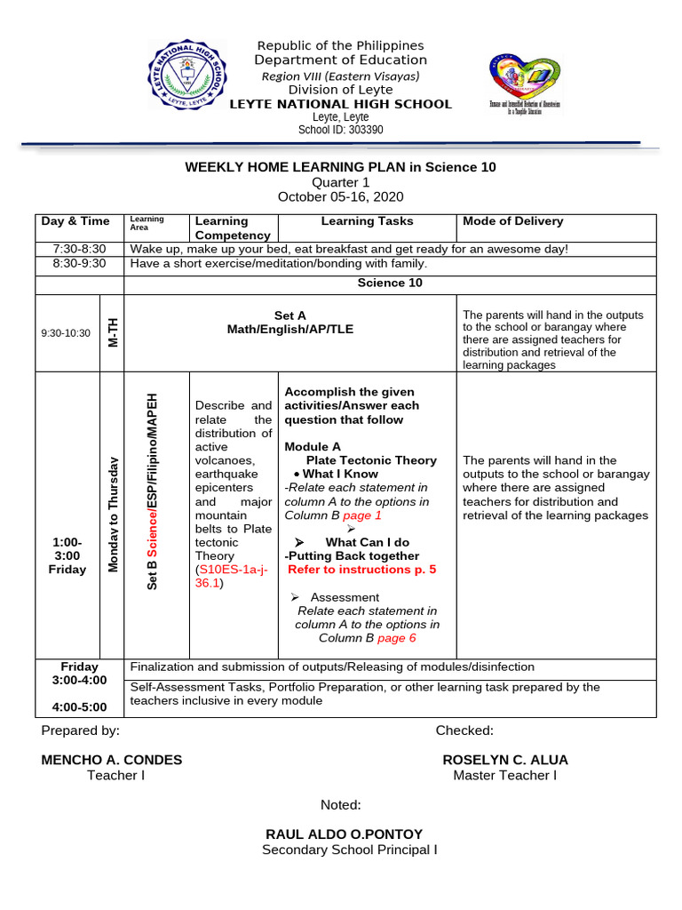 Weekly Science 10 Learning Plan | PDF | Structure Of The Earth | Tectonics