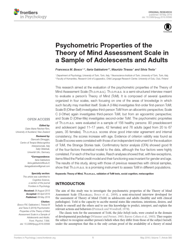 Theory of Mind Assessment Scale Validity | PDF | Theory Of Mind ...
