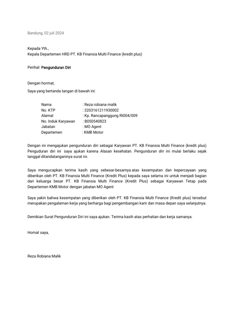 Surat Pengunduran Diri Reza Robiana Malik | PDF