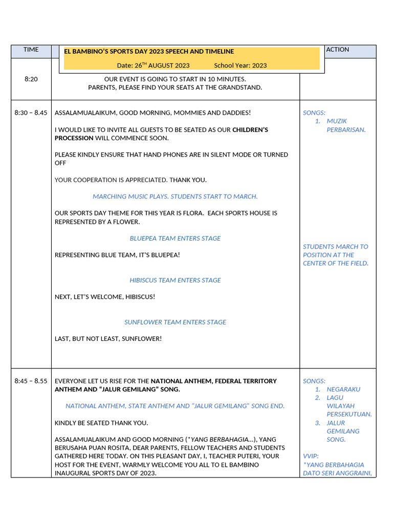 Sports Day 2023 Script and Timeline Fauna | PDF
