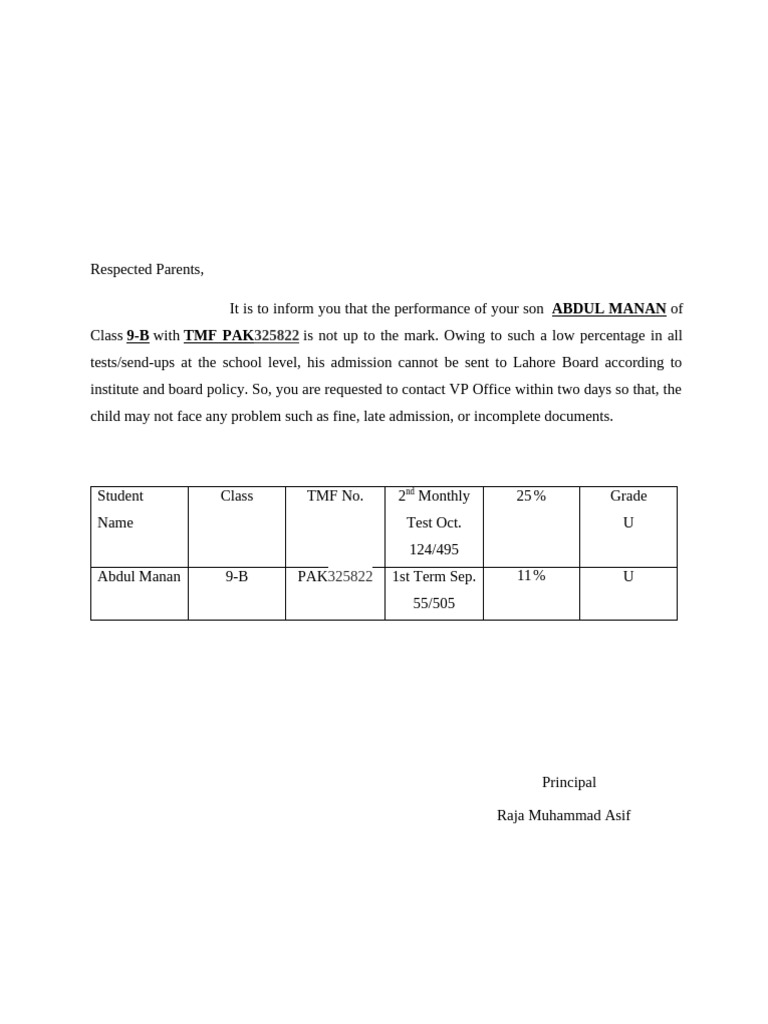 Urgent: Academic Performance Notice for Abdul Manan | PDF