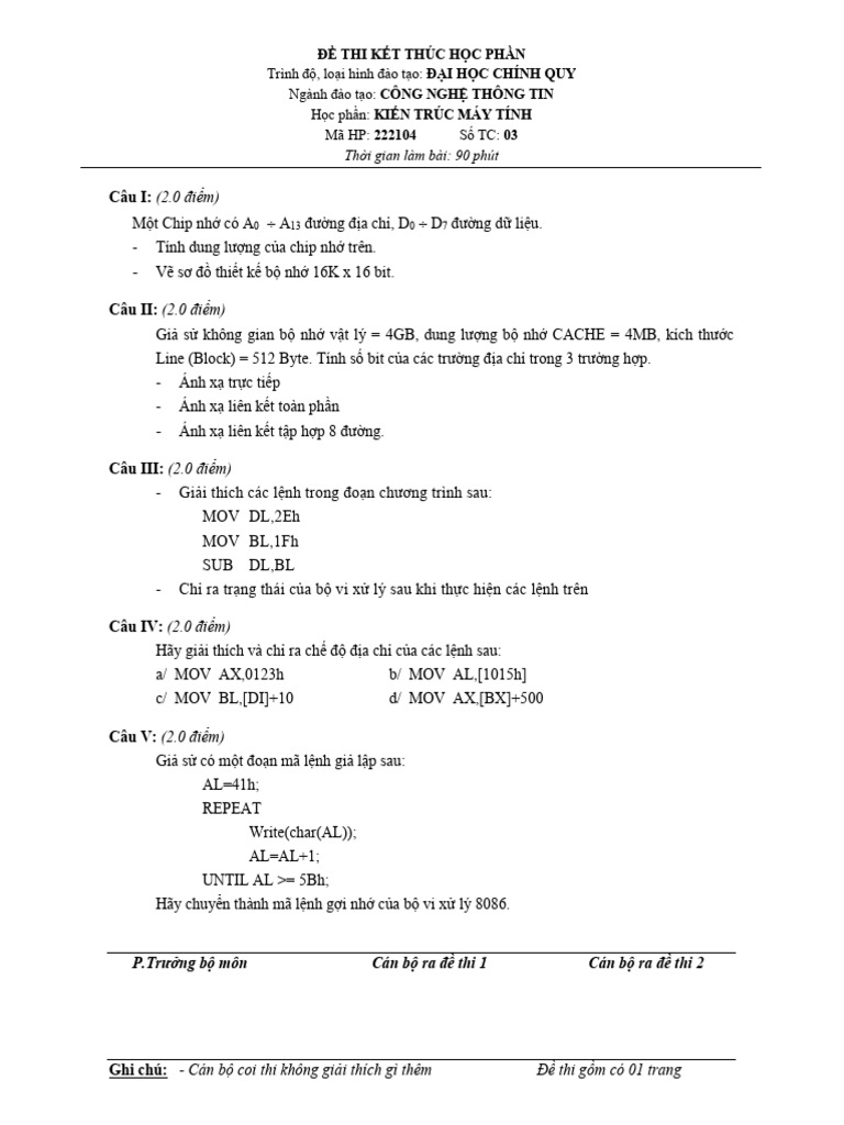 mẫu đề thi KTMT | PDF