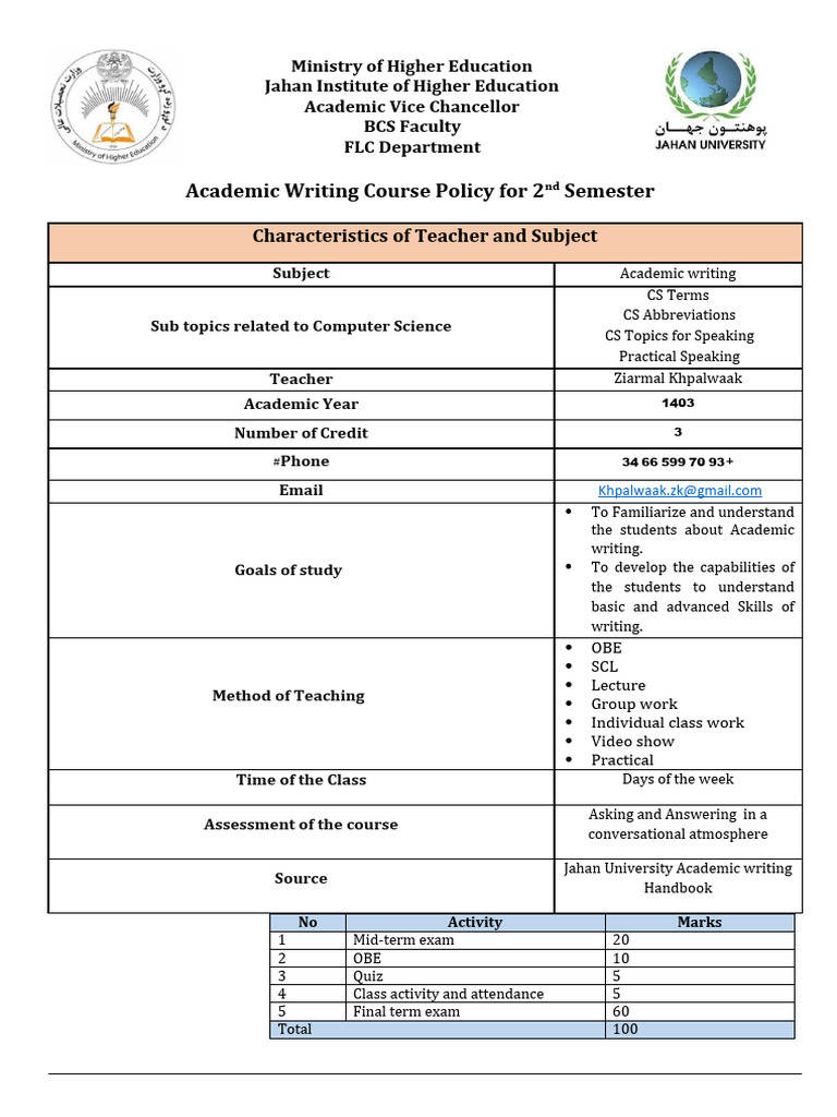 Academic wrting course policy | PDF | Educational Stages | Learning