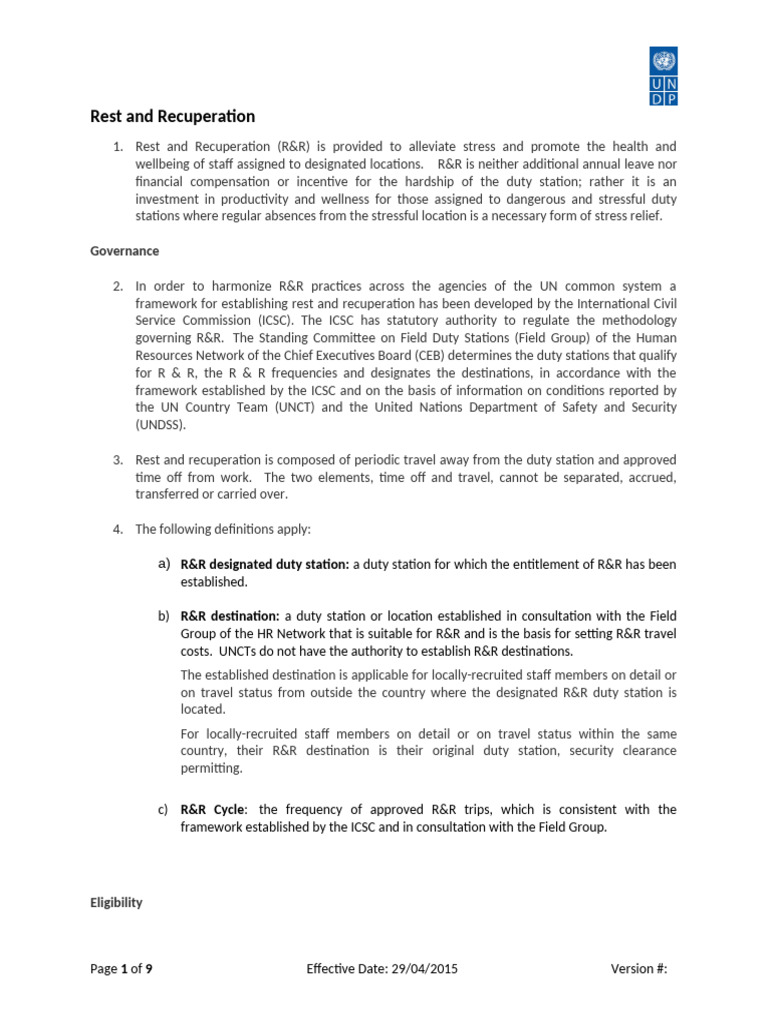 UN Rest and Recuperation Policy 2025 | PDF
