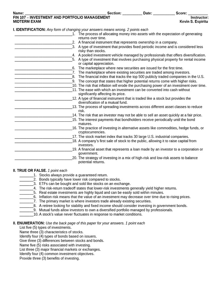 FIN 107 Midterm Exam: Investment Concepts | PDF | Bonds (Finance ...