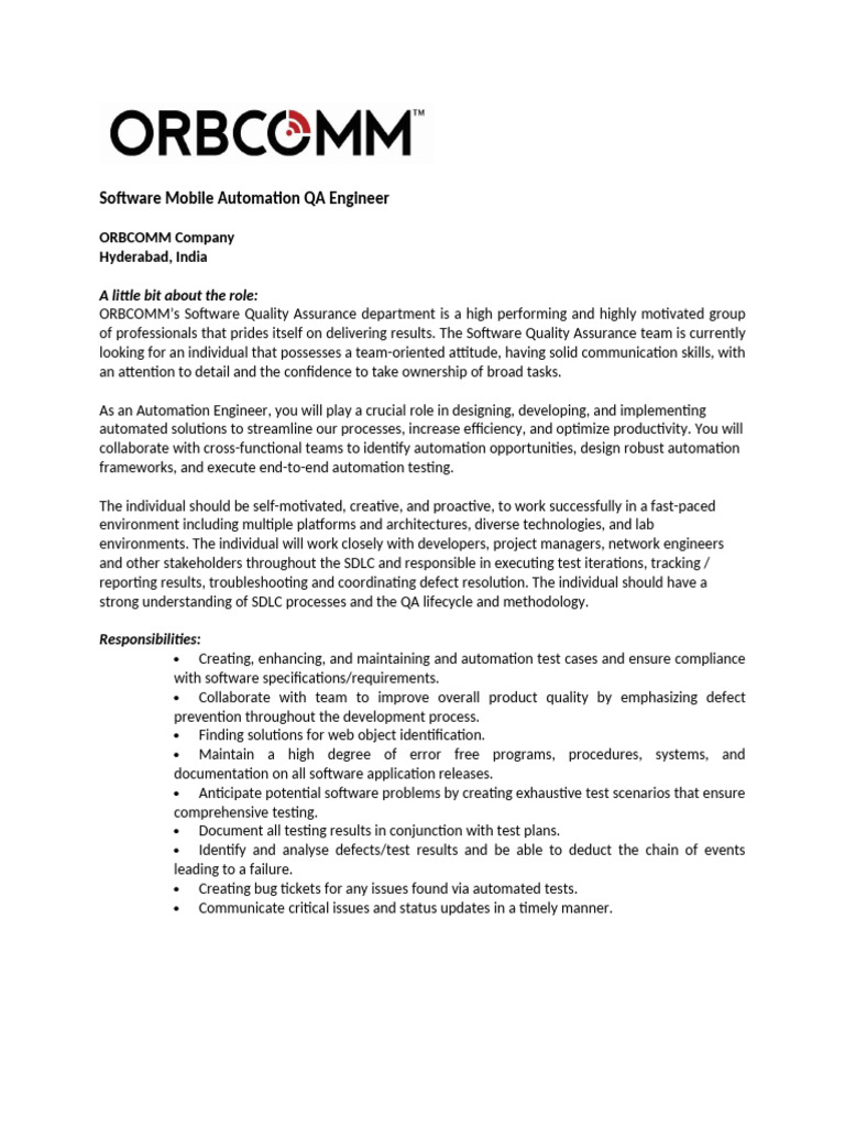 ORBCOMM Automation QA Engineer Role | PDF | Software Development ...