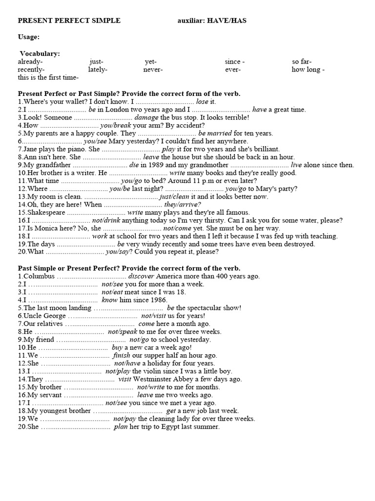 Present Perfect Tense Exercises | PDF