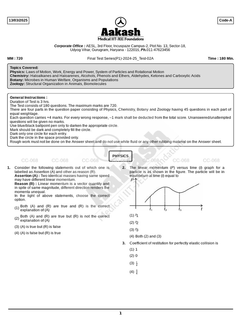 Final Test Series 2024-25: Physics & Chemistry | PDF | Force | Ketone