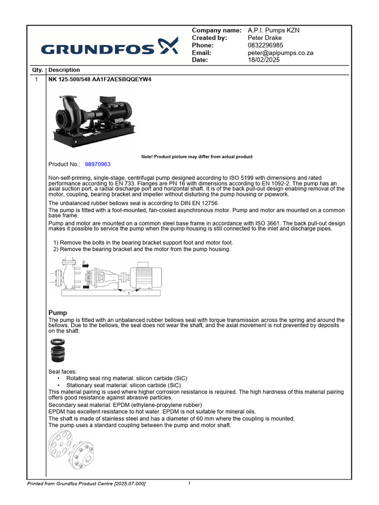 A.P.I. Pumps KZN: NK 125-500 Details | PDF | Pump | Manufactured Goods