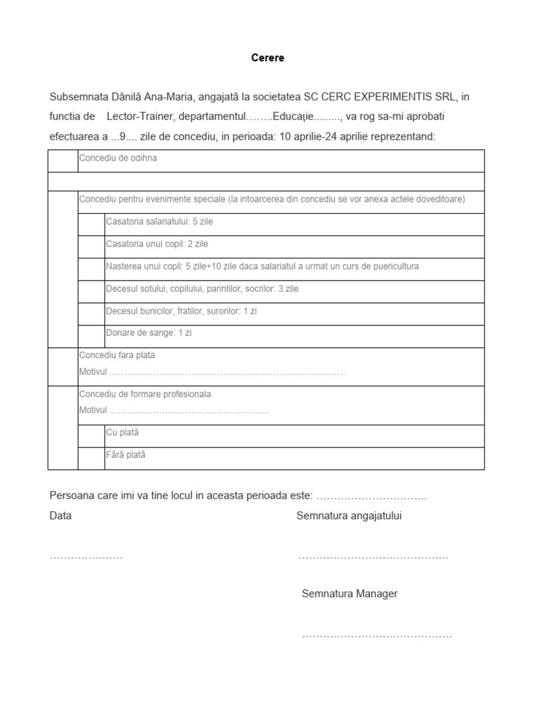 Cerere Concediu Standard | PDF
