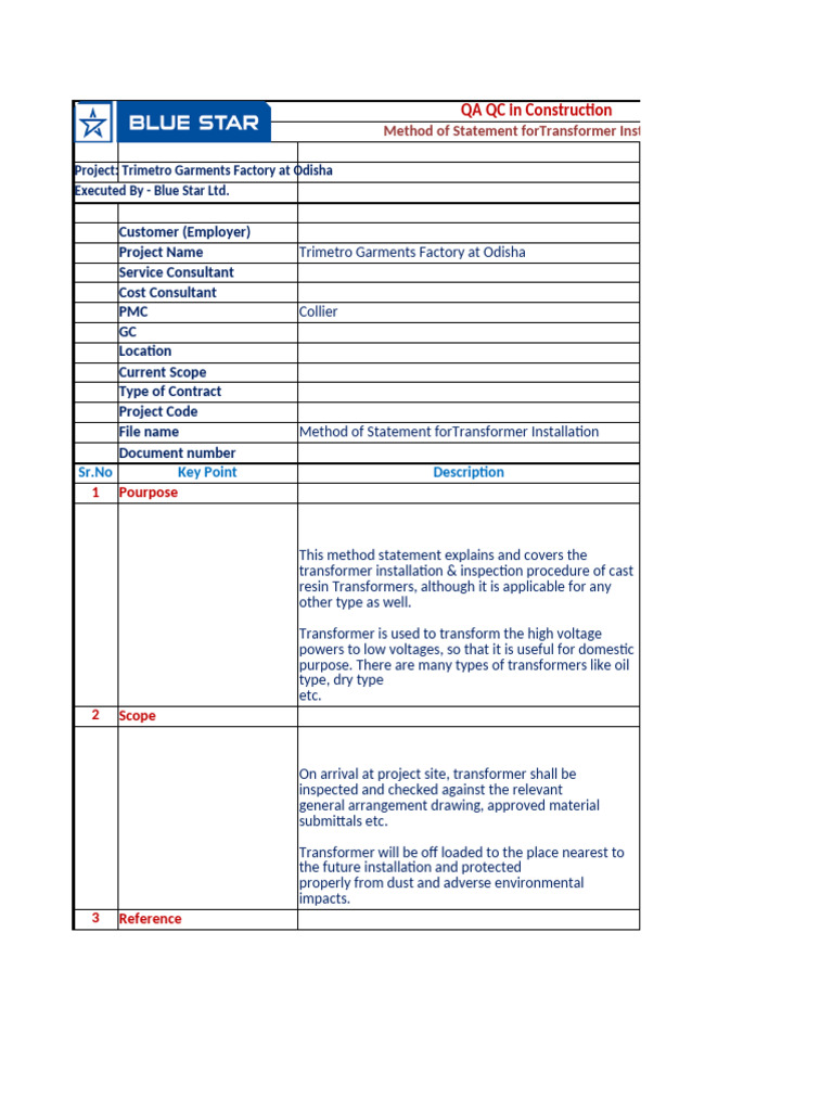 Transformer Installation Method Statement | PDF | Transformer | Equipment