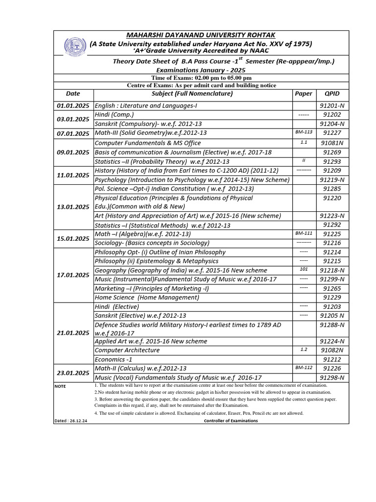 B.A. 1st Semester Exam Date Sheet 2025 | PDF | Science