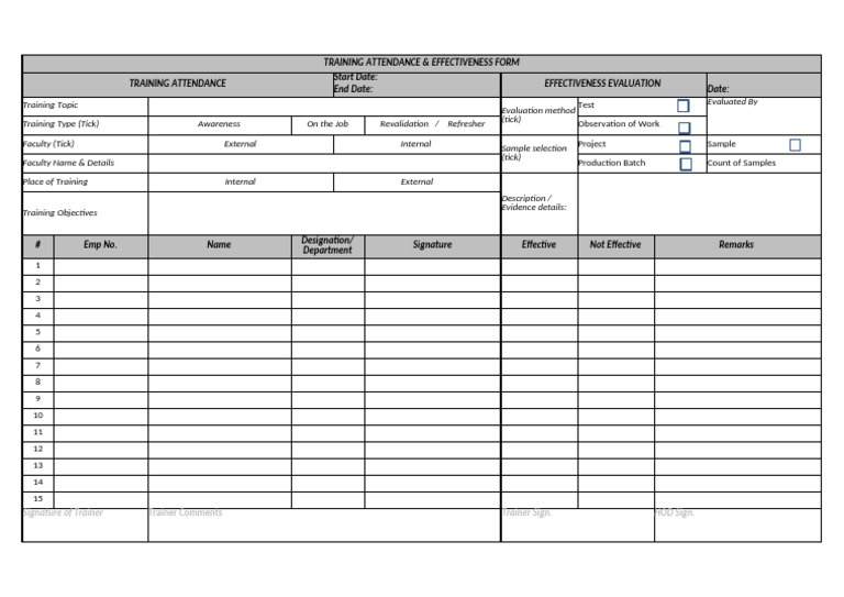 Training Attendance & Effectiveness Form | PDF