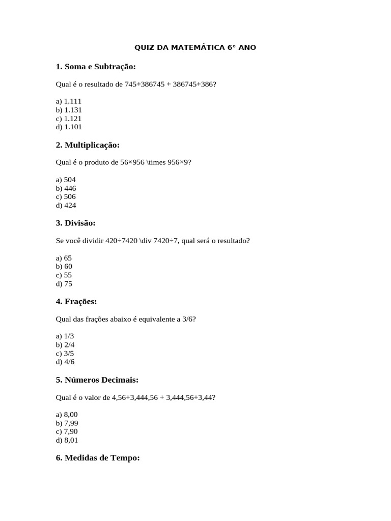Quiz de Matemática 6º Ano com Respostas | PDF