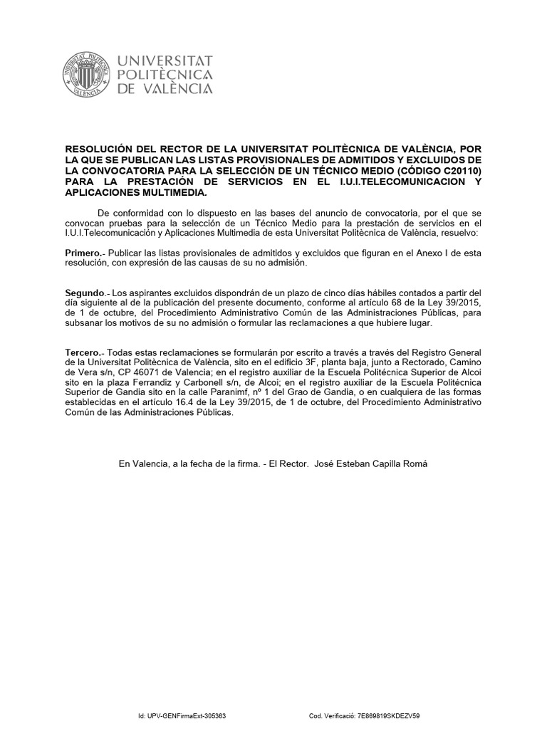 Primero.-: Id: Upv-Genfirmaext-305363 Cod. Verificació ...