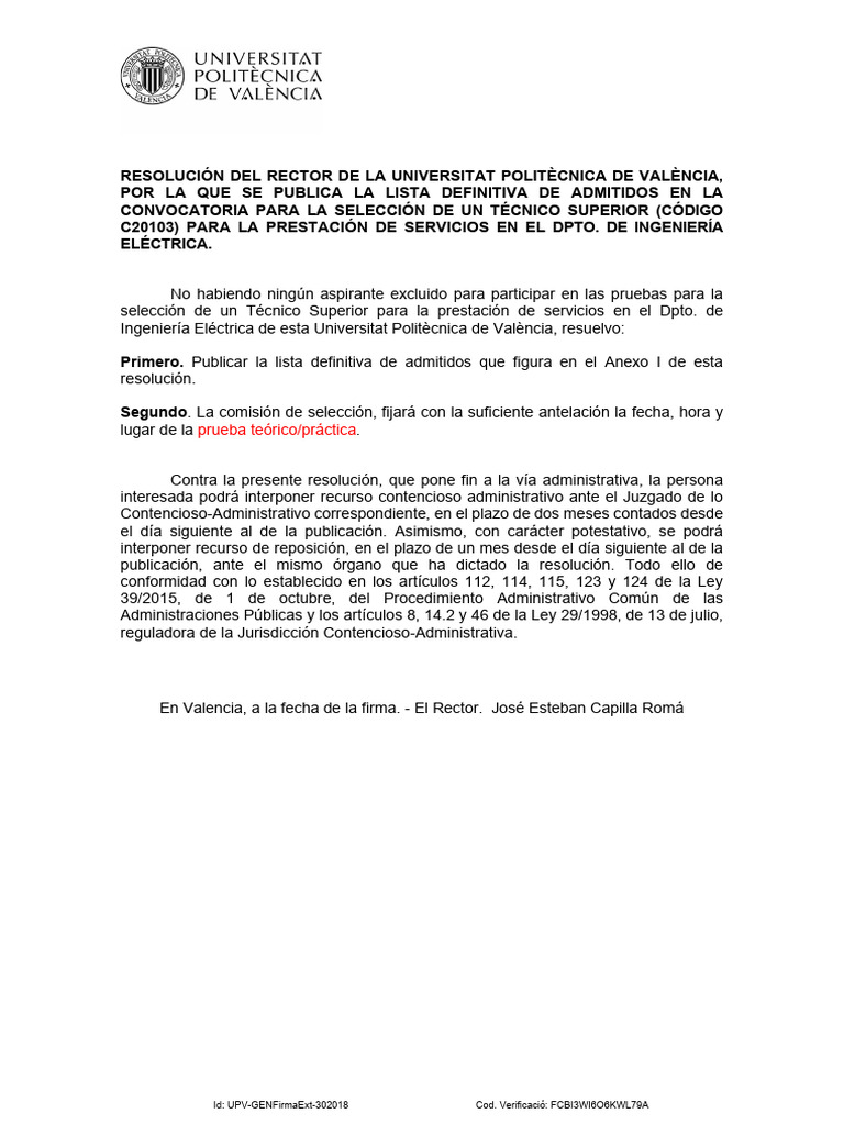 Prueba Teórico/Práctica: Id: Upv-Genfirmaext-302018 Cod. Verificació ...