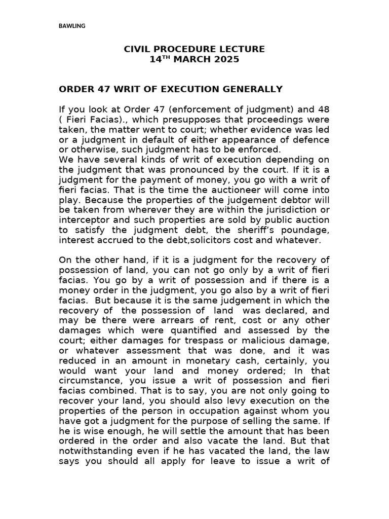 Civil Procedure 14TH March 2025 | PDF | Judgment (Law) | Separation Of ...