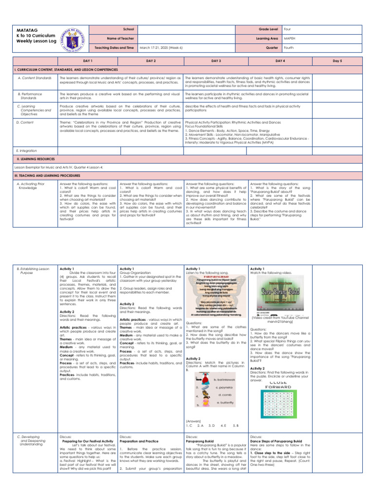 MAPEH Weekly Lesson Plan for Grade 4 | PDF | Dances | Cebu