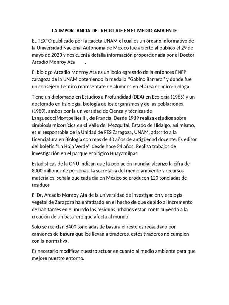 La Importancia Del Reciclaje en El Medio Ambiente | PDF | Residuos ...
