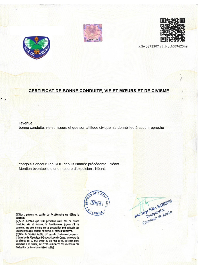 Certificat de Bonne Vie et Mœurs RDC | PDF