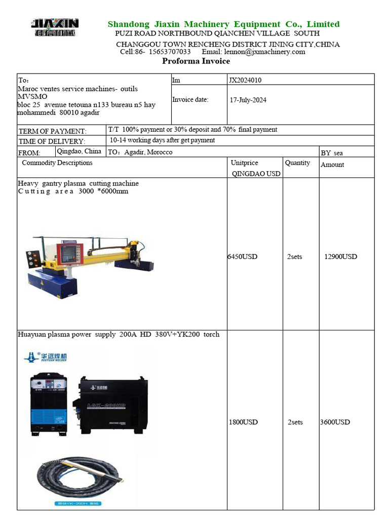 Invoice for Heavy Machinery to Agadir | PDF