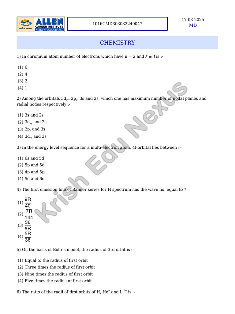Chemistry Exam Questions and Answers | PDF | Meiosis | Mitosis