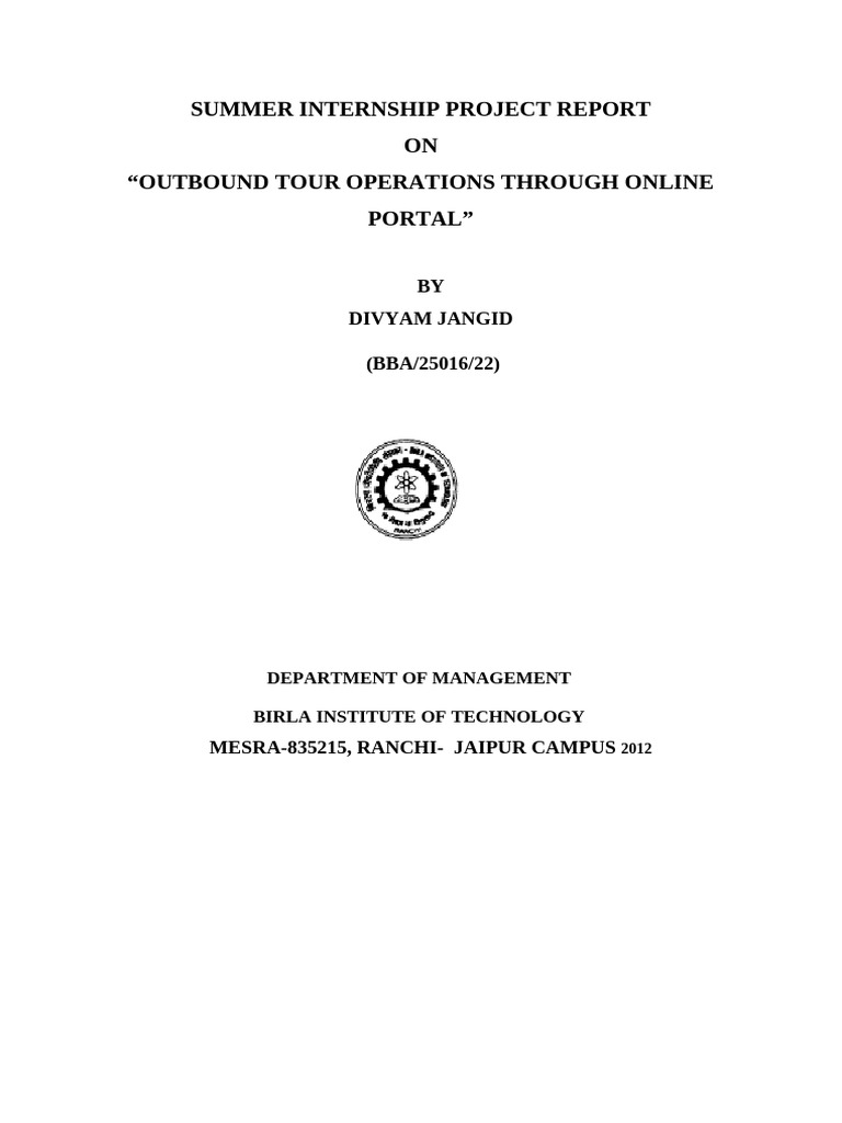 Outbound Tour Operations Project Report | PDF | Travel Visa | Tourism