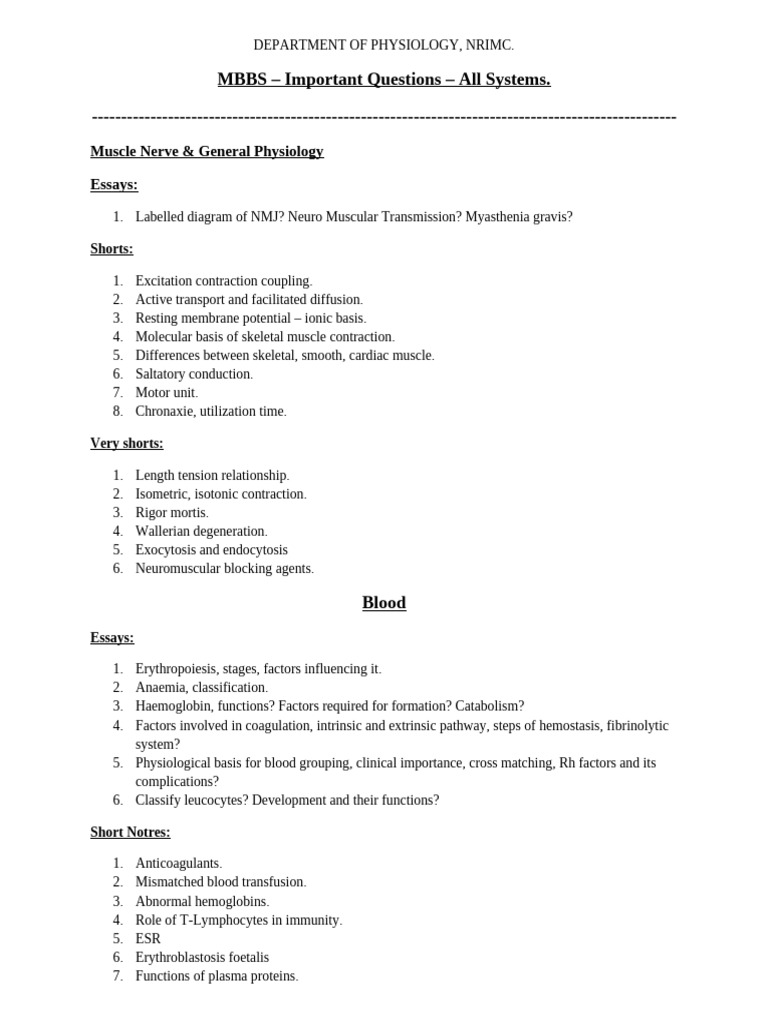 Essential MBBS Physiology Questions | PDF | Coagulation | Heart