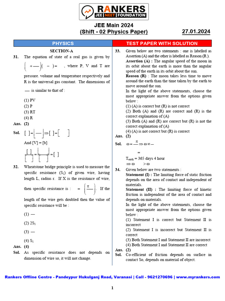 2701 Physics Paper With Solution Evening | PDF | Friction ...