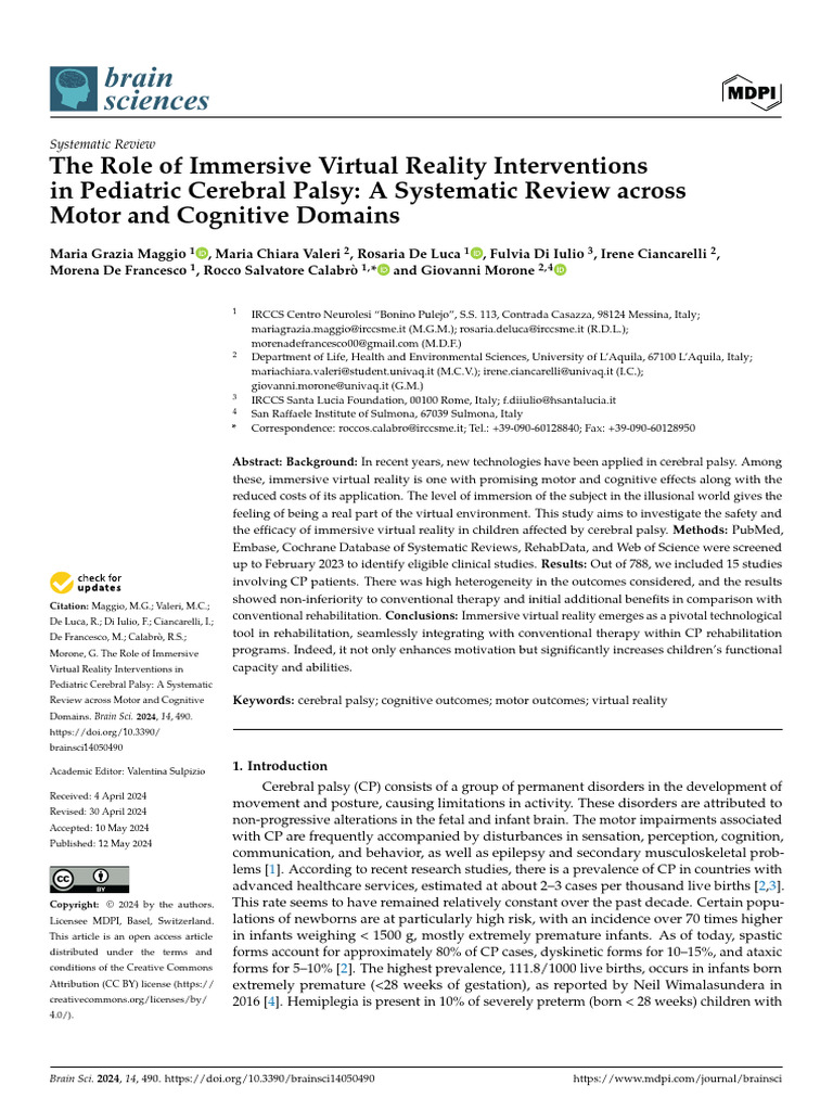 Brainsci 14 00490 v2 | PDF | Cerebral Palsy | Anatomical Terms Of Motion