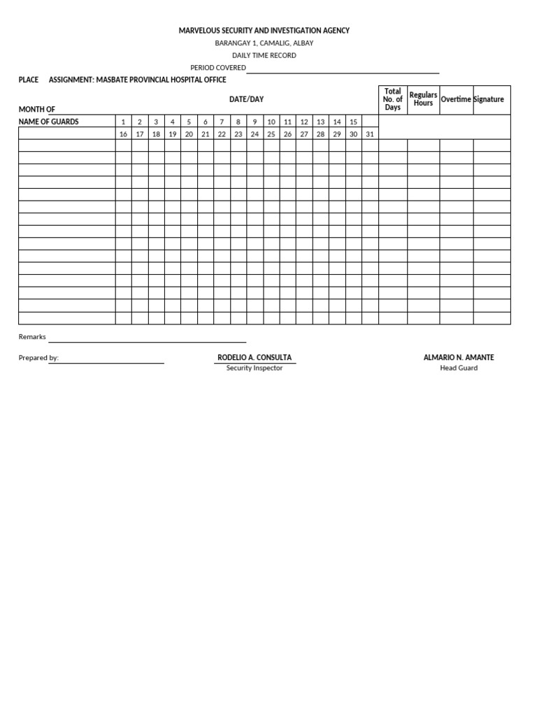 Daily Time Record for Security Guards | PDF