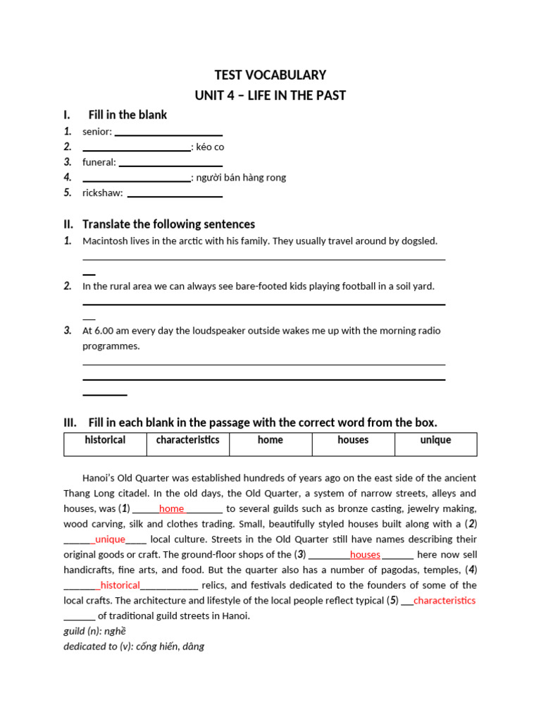 Vocabulary Test: Life in the Past | PDF