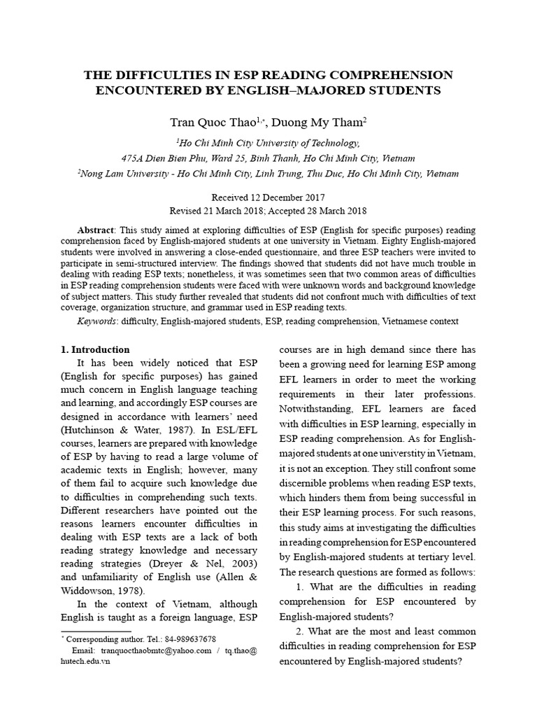 ESP Reading Challenges for English Majors | PDF | Reading Comprehension ...