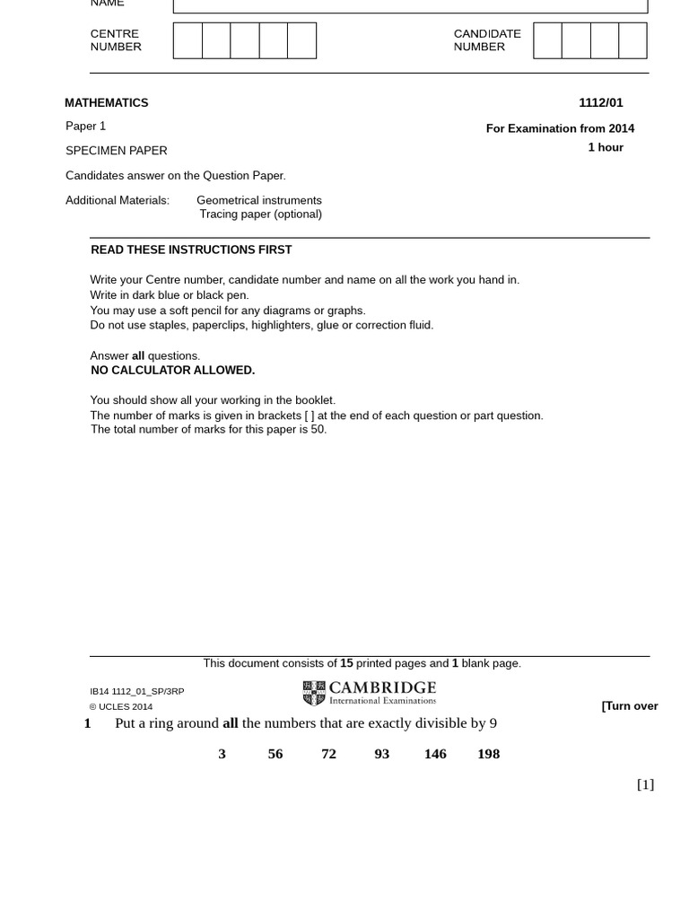 82725mathsspecimenpaper1 PDF Mathematics