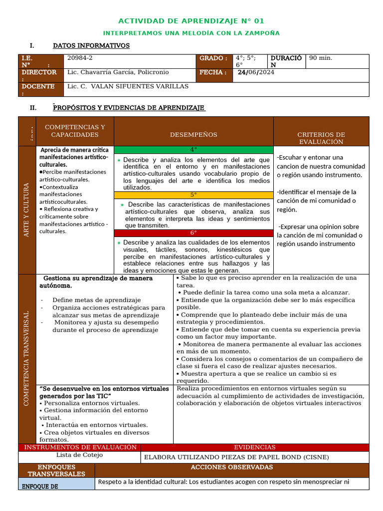 Sesion de Aprendizaje de Arte y Cultura 2 Competencia | PDF ...