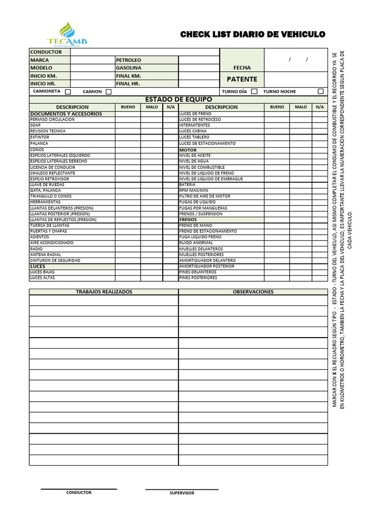 Checklist Diario de Vehículo | PDF | Tecnología de vehículos | Estilos ...