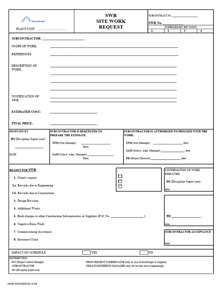 Site Work Request Form for Subcontractors | PDF | Subcontractor | Business