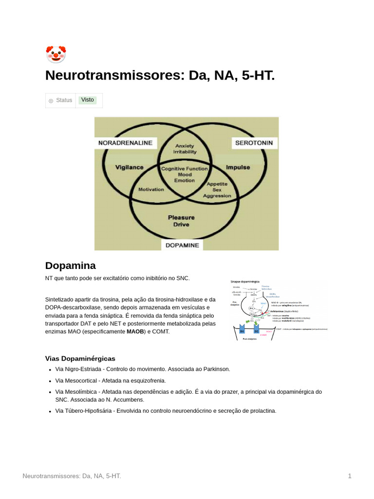 Neurotransmissores: Dopamina, Noradrenalina e Serotonina | PDF ...