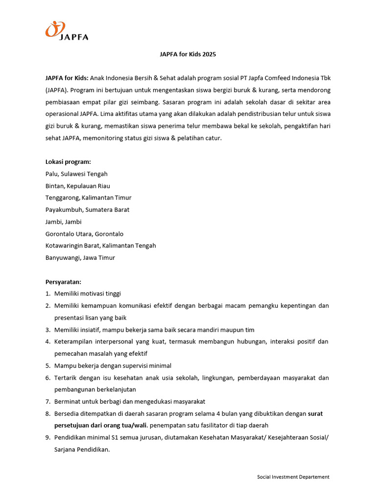 Fasilitator Program JAPFA for Kids 2025 | PDF