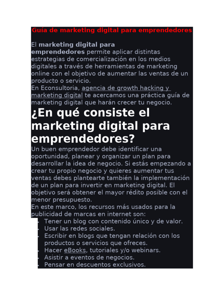 Guía de marketing digital para emprendedores | PDF | Marketing ...