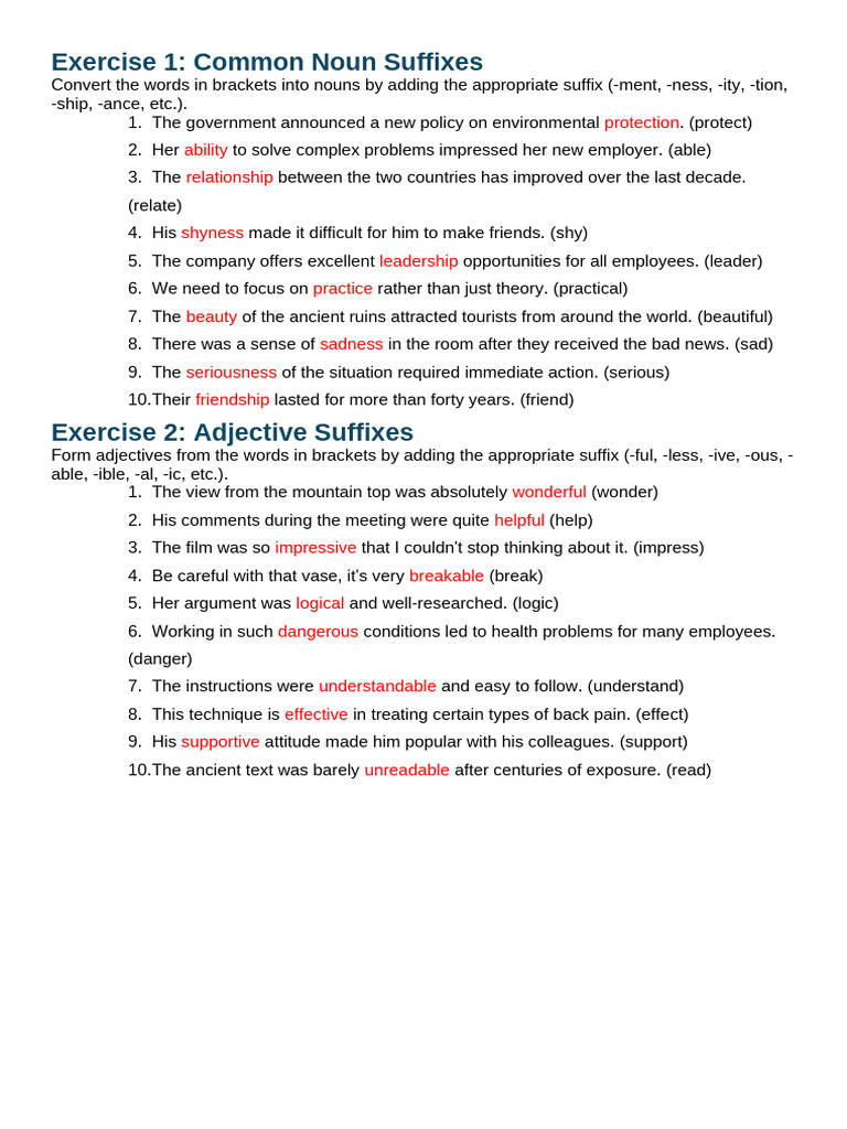 Suffix Exercises for Nouns and Adjectives | PDF