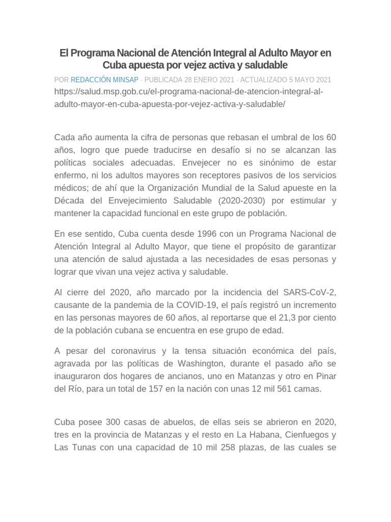 El Programa Nacional de Atención Integral Al Adulto Mayor en Cuba ...