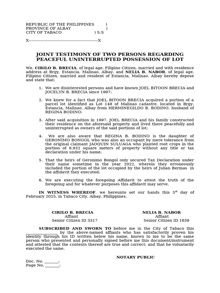 Joint Testimony of 2 Persons (Brecia) | PDF | Affidavit | Legal Procedure