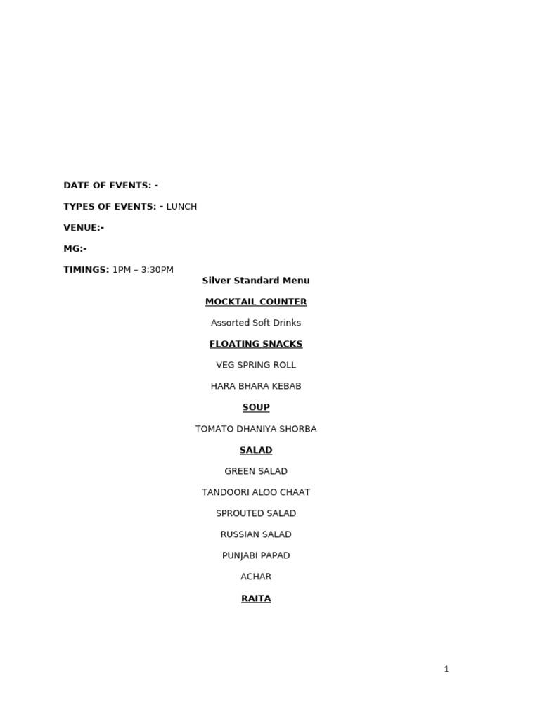 Silver StandardSample Menu For WEDDING | PDF | Indian Cuisine | Cuisine