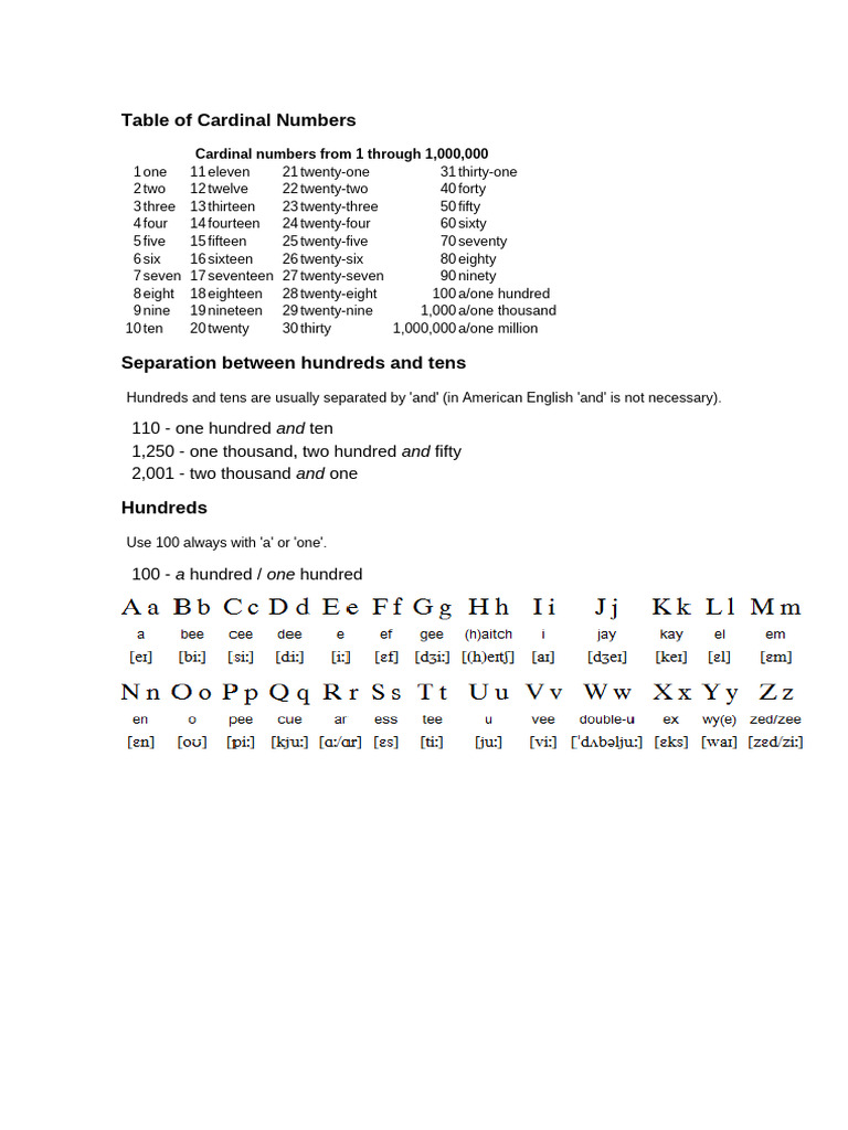 Cardinal Numbers 1 to 1,000,000 Guide | PDF