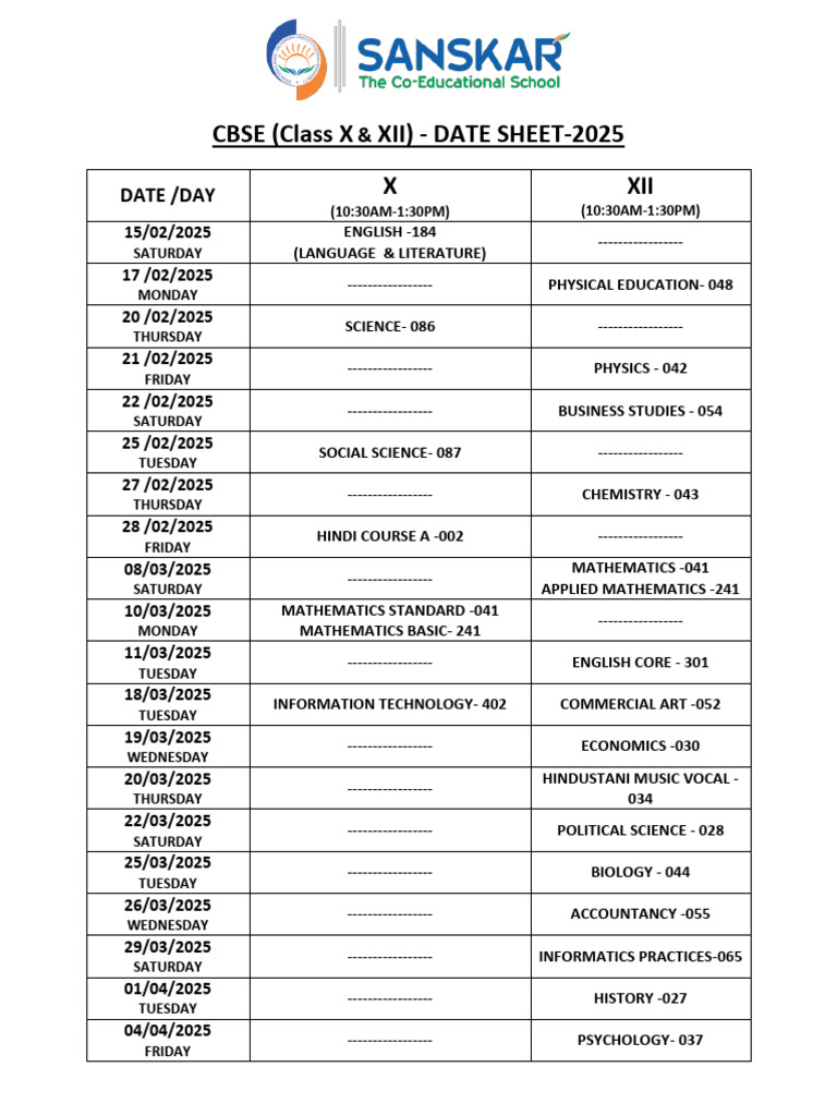 CBSE 2025 Class X & XII Date Sheet | PDF