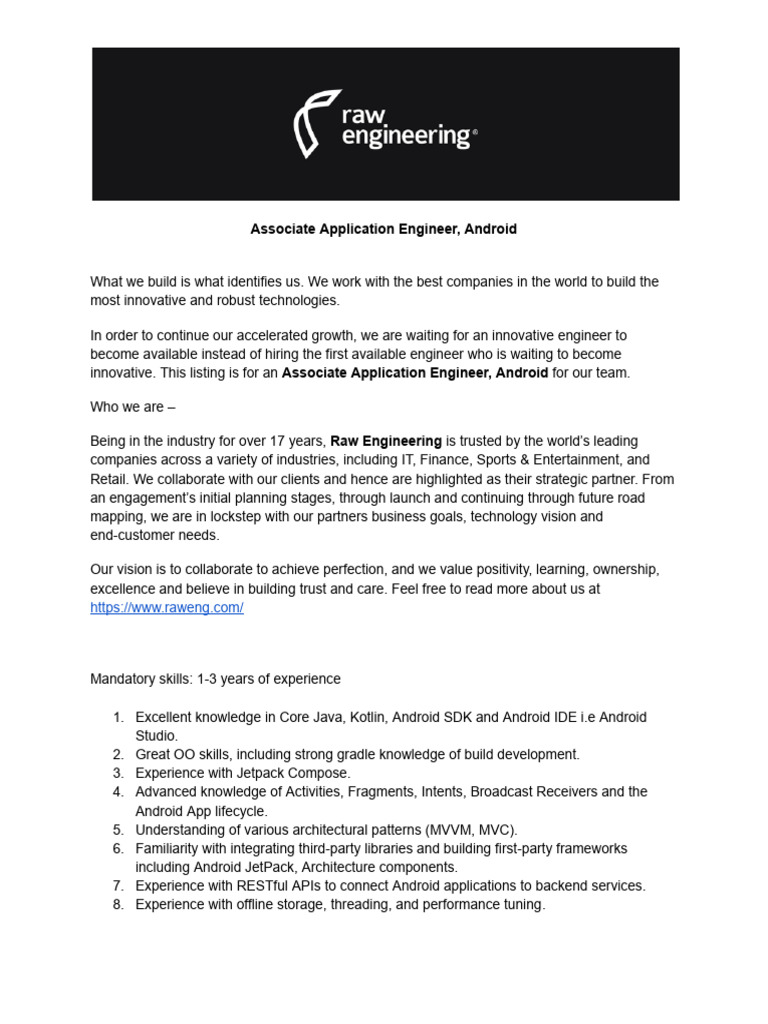 JD For Associate Application Engineer, Android | PDF